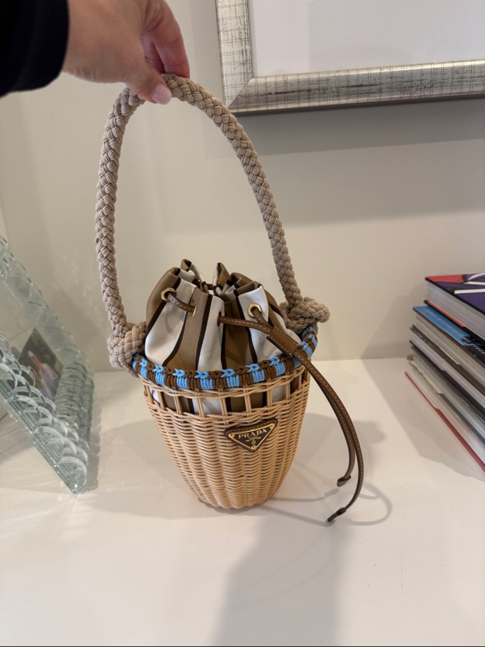 Prada Beige Woven Mini WickerBucket Bag with Blue Trim